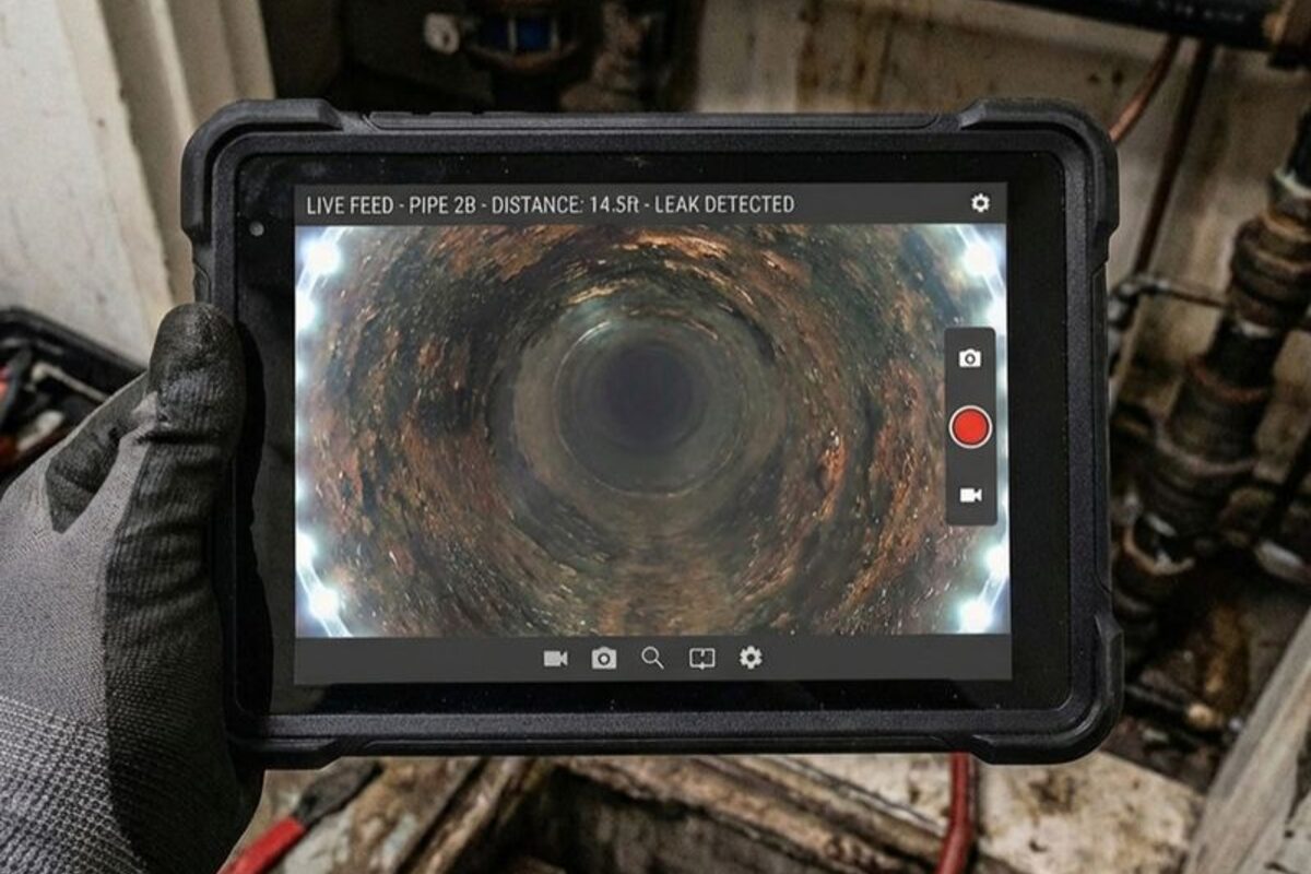A drain camera monitor showing the inside of a sewer line, held in a gloved hand