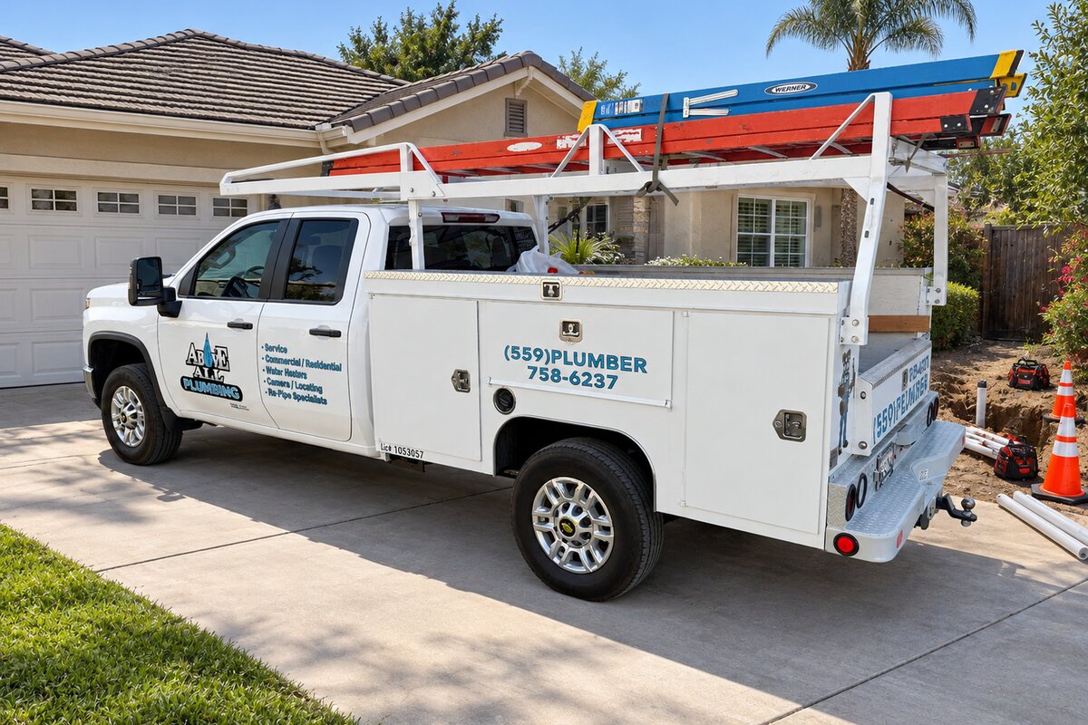 The Above All Plumbing Pros service truck in a customer's driveway, its service list, licence number and phone number on the side
