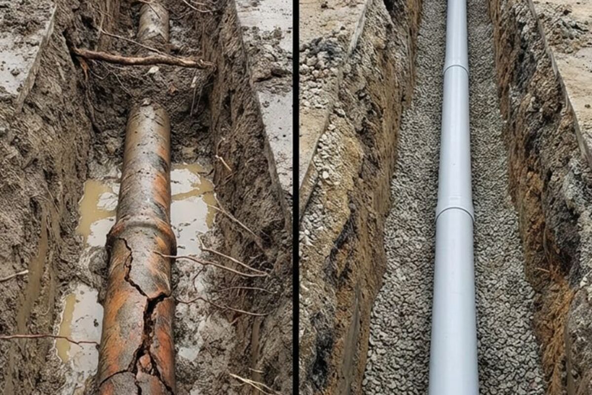 A cracked clay sewer pipe exposed in an open trench next to the new line