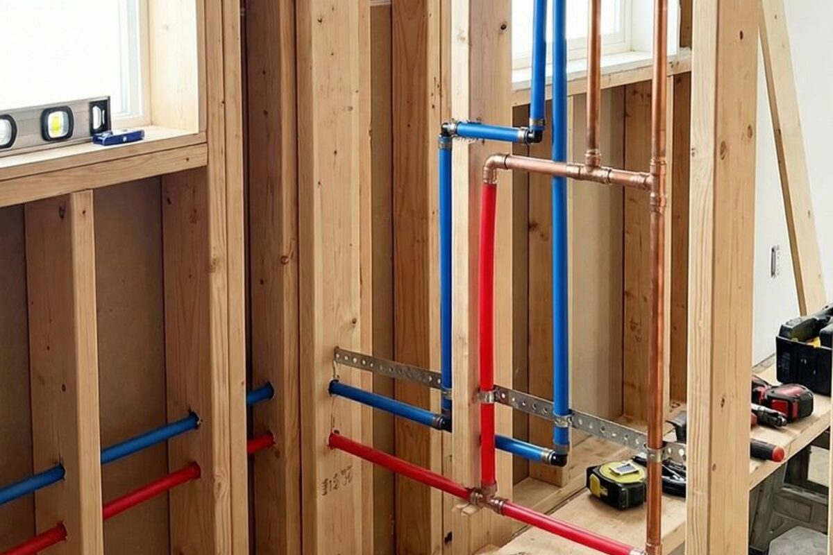 New red and blue water lines run through the open framing of a house